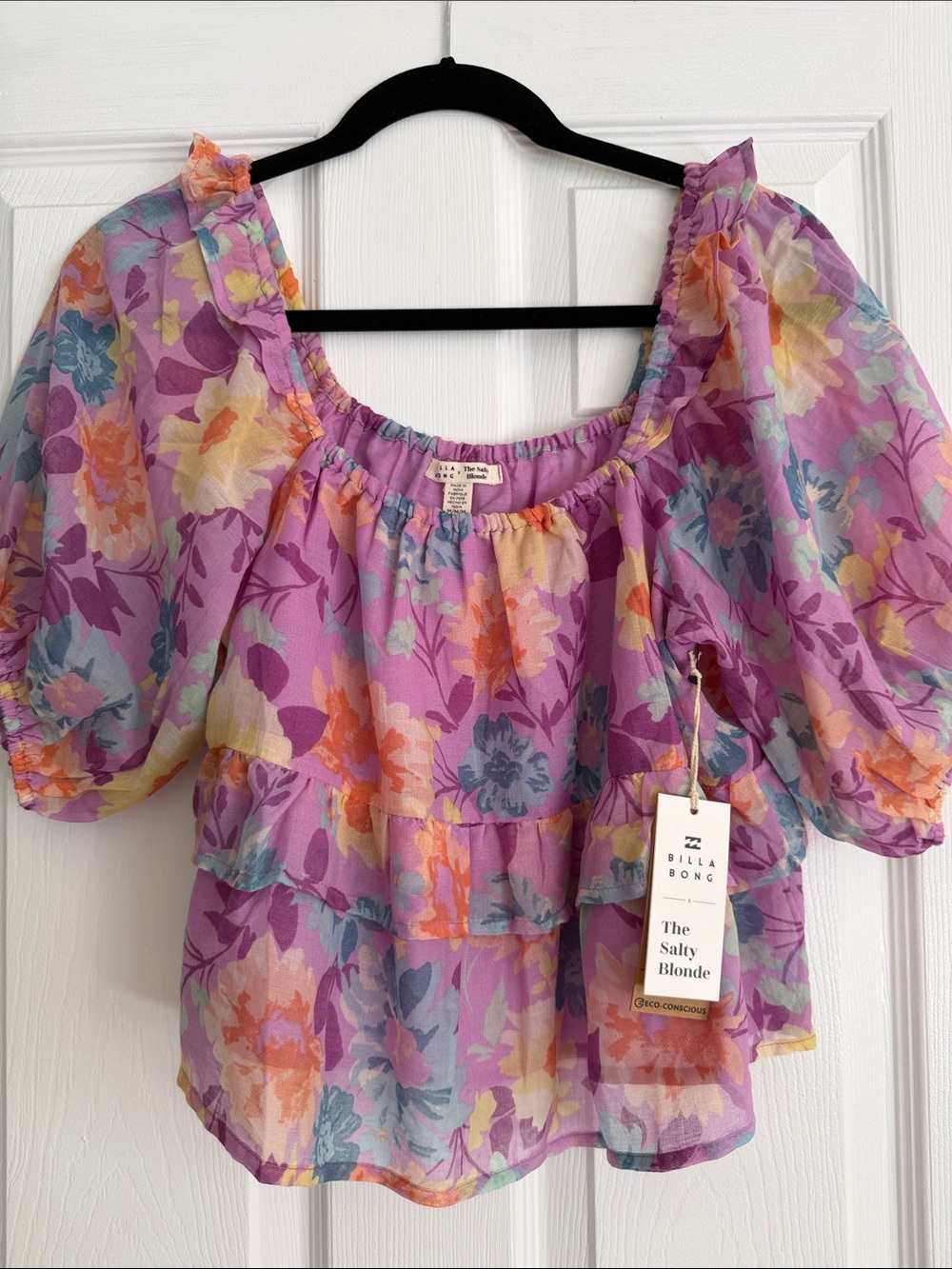 Billabong x The Salty Blonde Lavender Multicolor Floral Puff-Sleeve Blouse